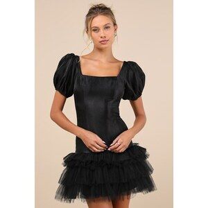 Notably Fabulous Black Taffeta Tiered Puff Sleeve Mini Dress